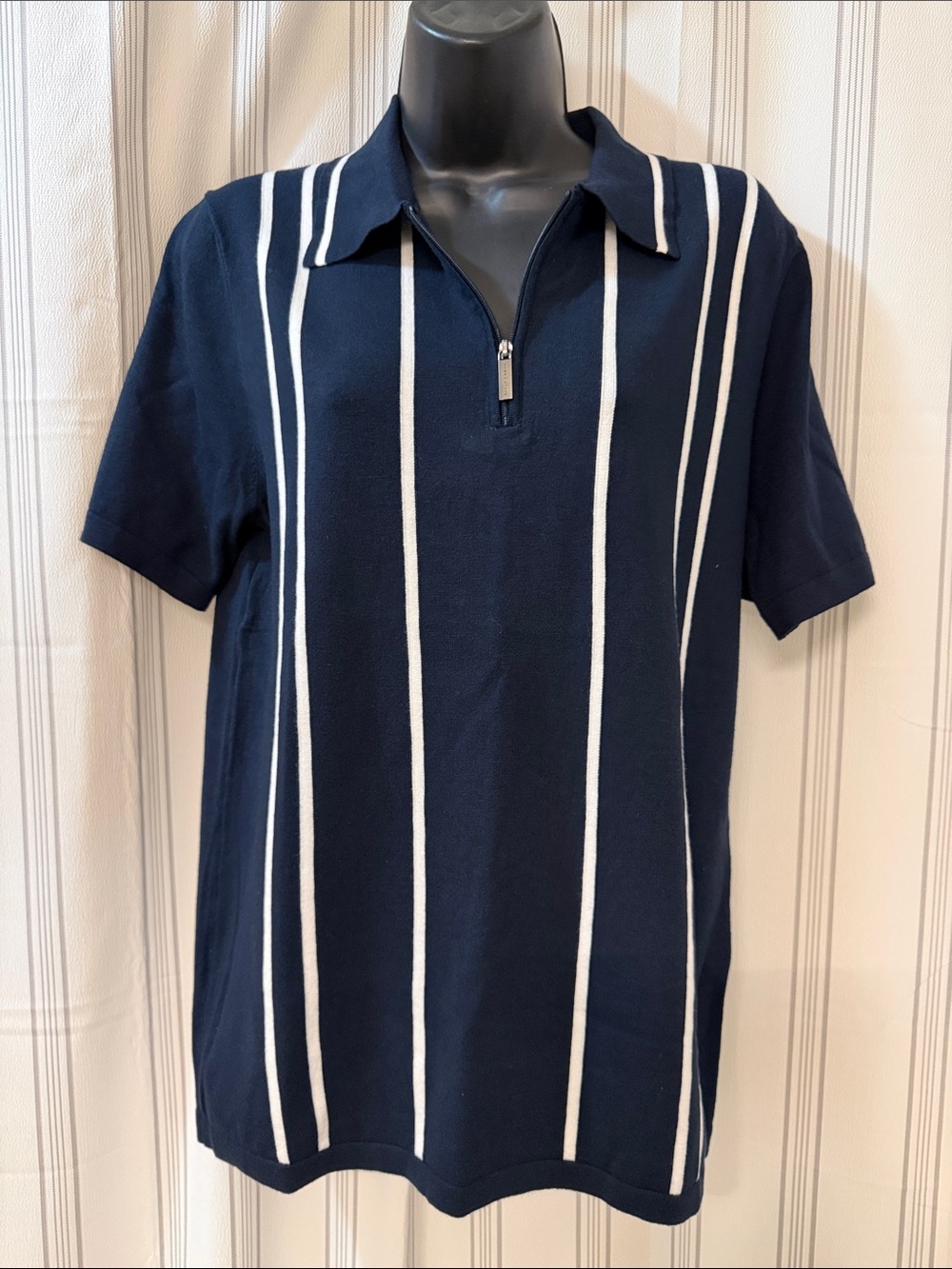 Perry Ellis Navy Polo with White Vertical Stripes and Zip Collar